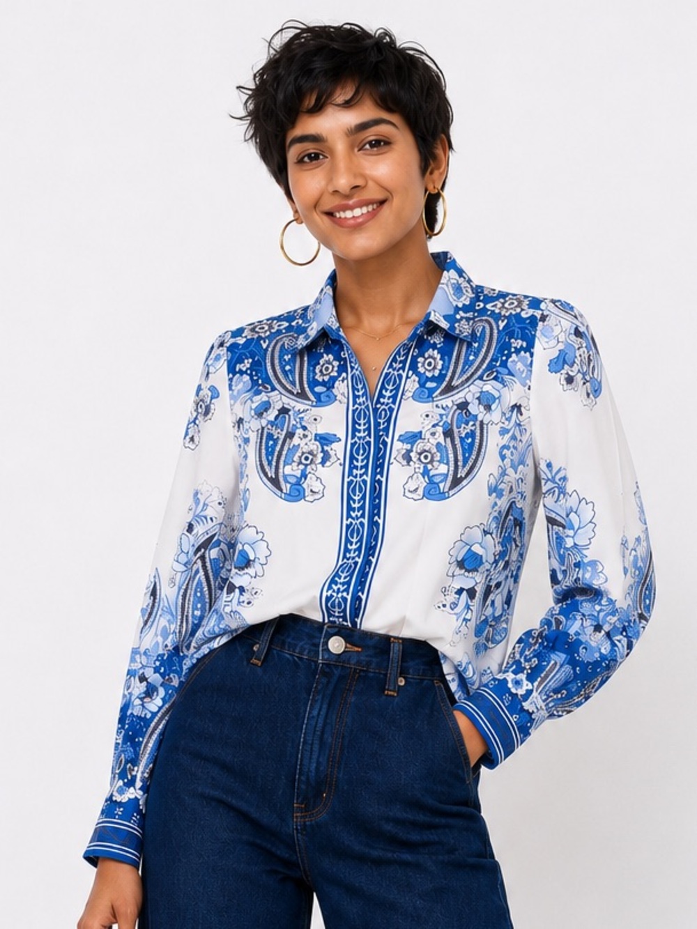 Blue & White Paisley Button-Up Blouse